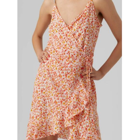 New VERO MODA NORDSTROM Women's Orange Floral Emma Wrap Sundress Size L - Picture 7 of 8